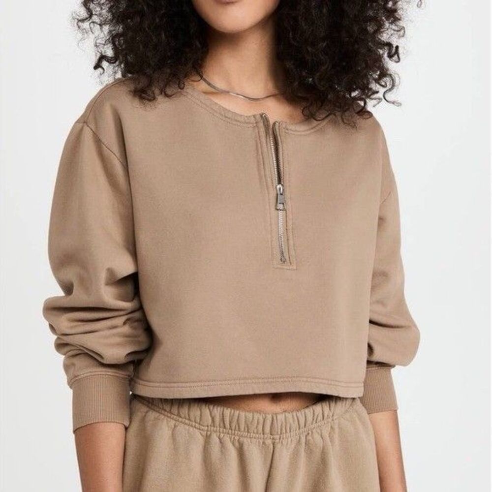 Good American Collarless Half Zip Cropped Sweatshirt in Tan Size 1 (Small) EUC!!